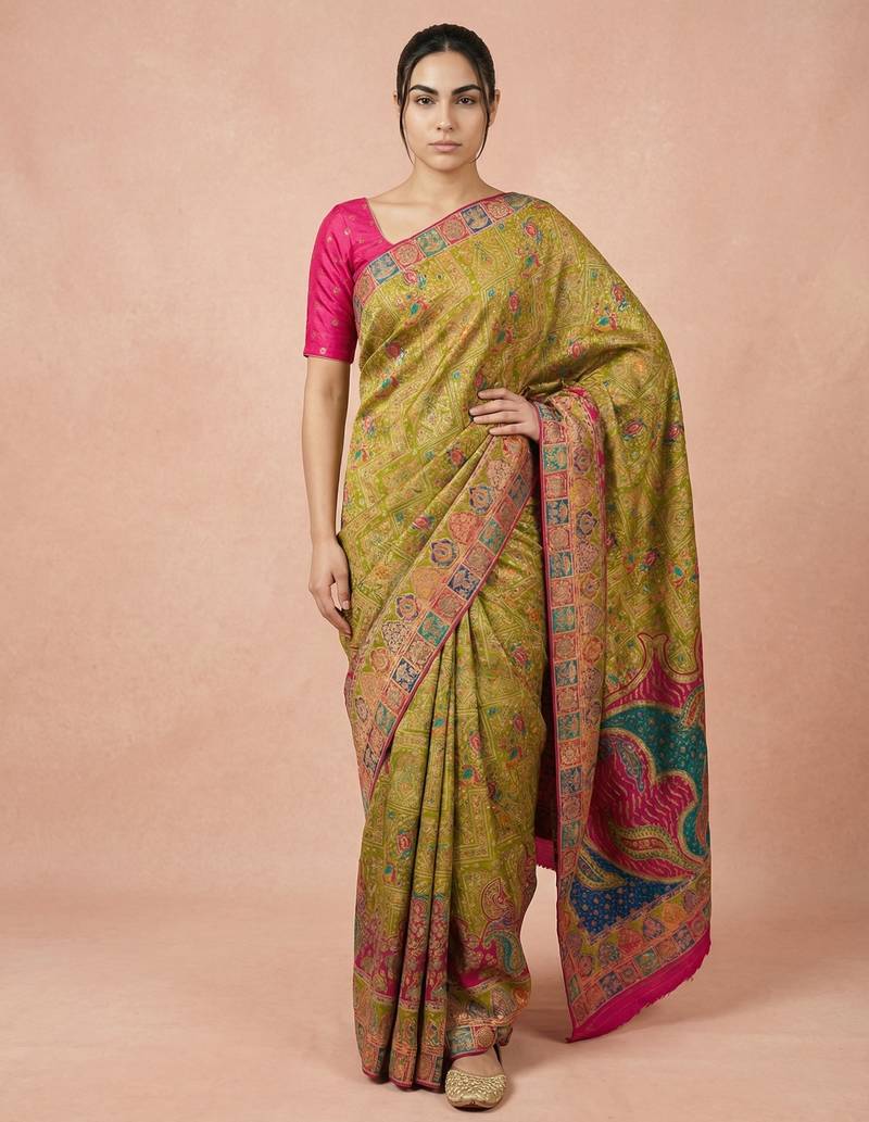 Olive printed silk blend saree with multicolor traditional border & paisley pallu | festive ethnic wear saree