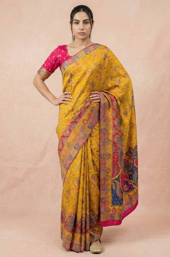 Mustard printed silk blend saree with multicolor traditional border & paisley pallu | festive ethnic wear saree