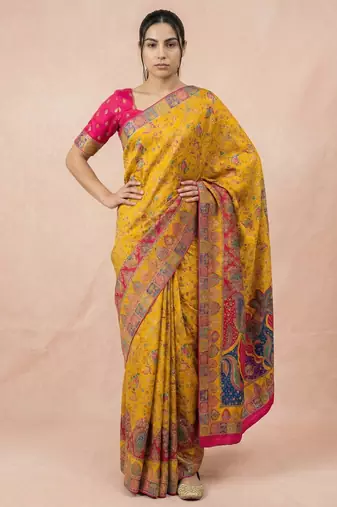 Mustard printed silk blend saree with multicolor traditional border & paisley pallu | festive ethnic wear saree
