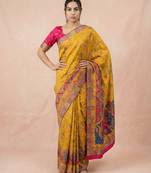 Mustard printed silk blend saree with multicolor traditional border & paisley pallu | festive ethnic wear saree
