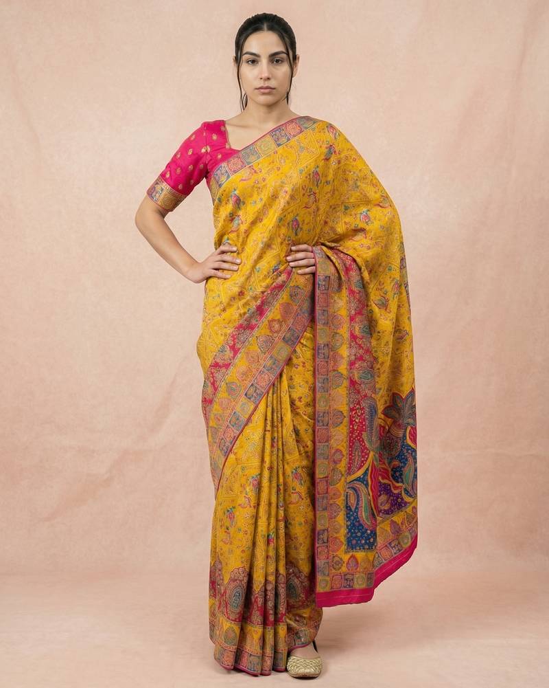 Mustard printed silk blend saree with multicolor traditional border & paisley pallu | festive ethnic wear saree