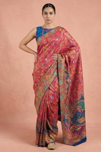Pink printed silk blend saree with multicolor traditional border & paisley pallu | festive ethnic wear saree