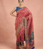 Pink printed silk blend saree with multicolor traditional border & paisley pallu | festive ethnic wear saree