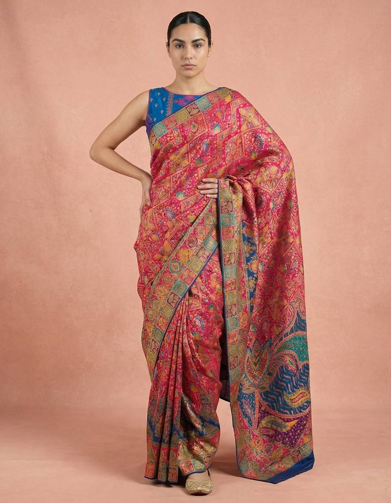 Pink printed silk blend saree with multicolor traditional border & paisley pallu | festive ethnic wear saree