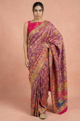Wine printed silk blend saree with multicolor traditional border & paisley pallu | festive ethnic wear saree