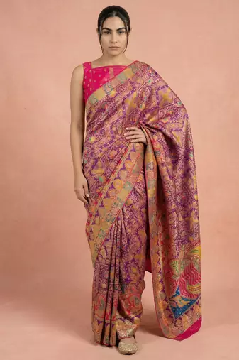 Wine printed silk blend saree with multicolor traditional border & paisley pallu | festive ethnic wear saree