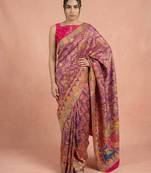 Wine printed silk blend saree with multicolor traditional border & paisley pallu | festive ethnic wear saree