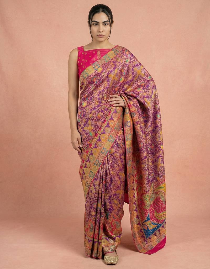 Wine printed silk blend saree with multicolor traditional border & paisley pallu | festive ethnic wear saree