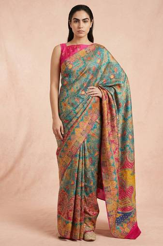 Teal printed silk blend saree with multicolor traditional border & paisley pallu | festive ethnic wear saree
