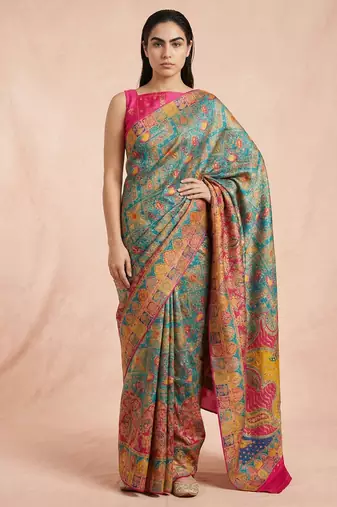 Teal printed silk blend saree with multicolor traditional border & paisley pallu | festive ethnic wear saree