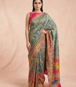 Teal printed silk blend saree with multicolor traditional border & paisley pallu | festive ethnic wear saree