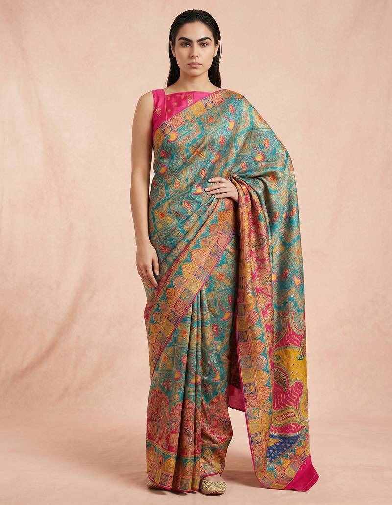Teal printed silk blend saree with multicolor traditional border & paisley pallu | festive ethnic wear saree