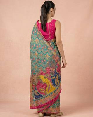 Teal printed silk blend saree with multicolor traditional border & paisley pallu | festive ethnic wear saree 2
