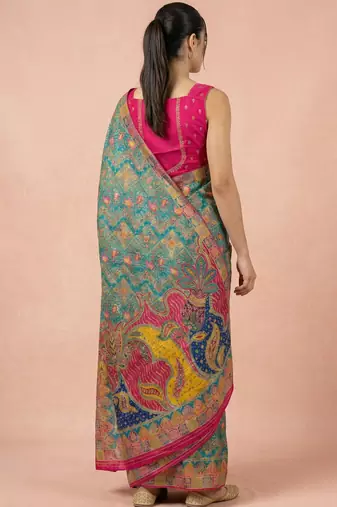 Teal printed silk blend saree with multicolor traditional border & paisley pallu | festive ethnic wear saree