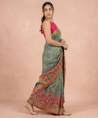 Teal printed silk blend saree with multicolor traditional border & paisley pallu | festive ethnic wear saree 3