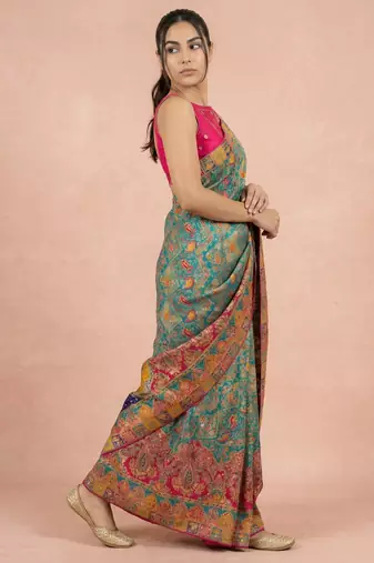 Teal printed silk blend saree with multicolor traditional border & paisley pallu | festive ethnic wear saree