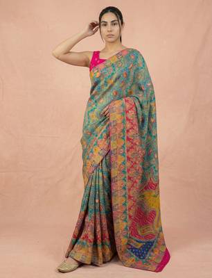 Teal printed silk blend saree with multicolor traditional border & paisley pallu | festive ethnic wear saree 4