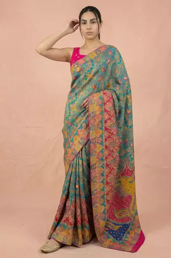 Teal printed silk blend saree with multicolor traditional border & paisley pallu | festive ethnic wear saree