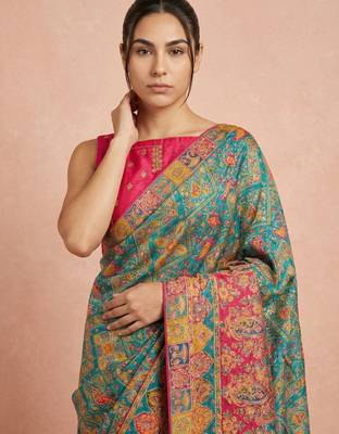 Teal printed silk blend saree with multicolor traditional border & paisley pallu | festive ethnic wear saree 5