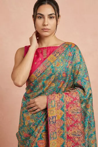 Teal printed silk blend saree with multicolor traditional border & paisley pallu | festive ethnic wear saree