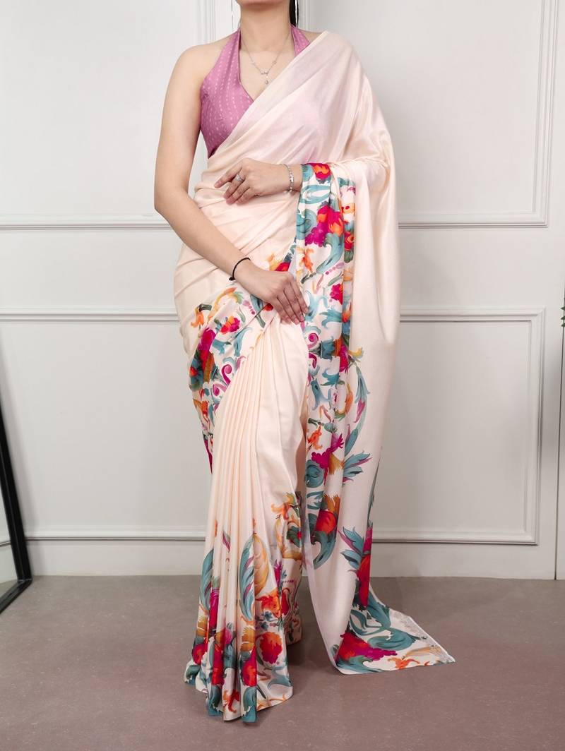 Party wear satin silk floral printed saree with unstitched blouse
