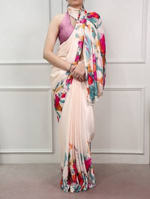 Party wear satin silk floral printed saree with unstitched blouse 2