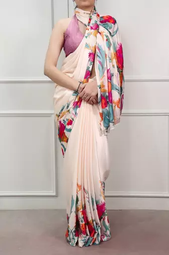 Party wear satin silk floral printed saree with unstitched blouse