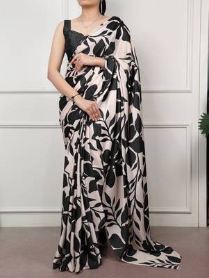 Party wear satin silk floral printed saree with unstitched blouse 1