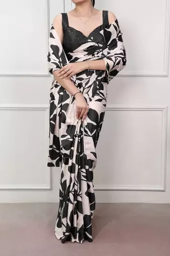Party wear satin silk floral printed saree with unstitched blouse