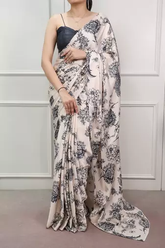 Party wear satin silk floral printed saree with unstitched blouse