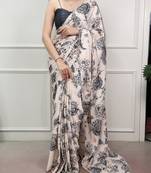 Party wear satin silk floral printed saree with unstitched blouse