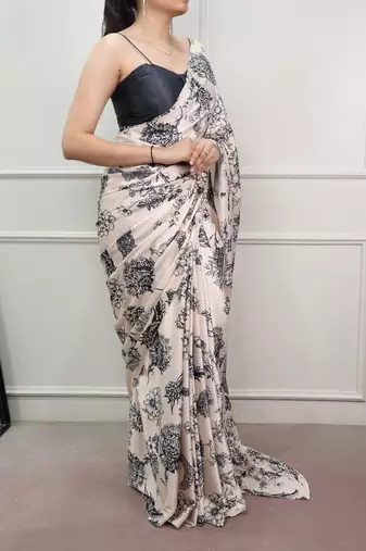 Party wear satin silk floral printed saree with unstitched blouse