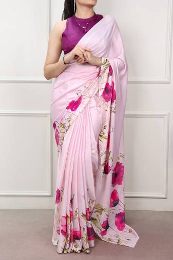 Party wear satin silk floral printed saree with unstitched blouse