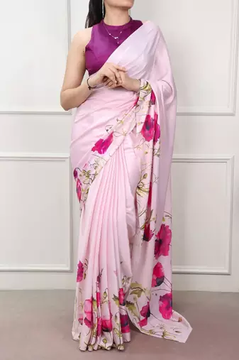 Party wear satin silk floral printed saree with unstitched blouse