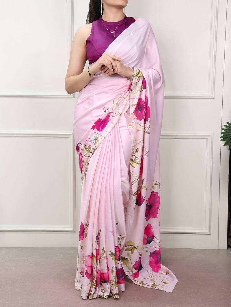 Party wear satin silk floral printed saree with unstitched blouse