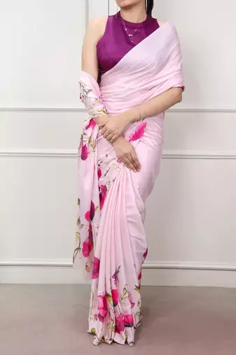 Party wear satin silk floral printed saree with unstitched blouse