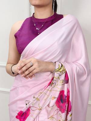 Party wear satin silk floral printed saree with unstitched blouse 3