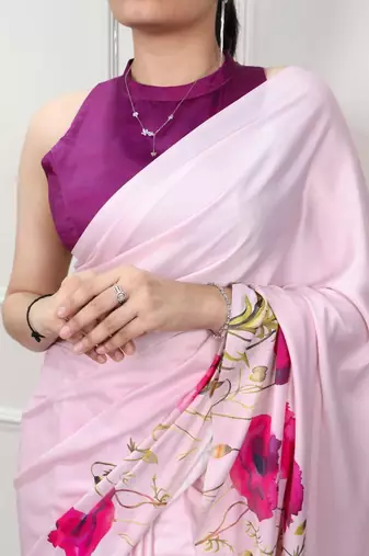 Party wear satin silk floral printed saree with unstitched blouse