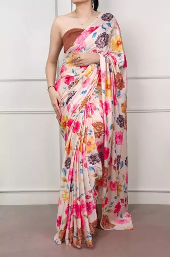 Party wear satin silk floral printed saree with unstitched blouse