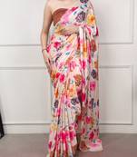 Party wear satin silk floral printed saree with unstitched blouse