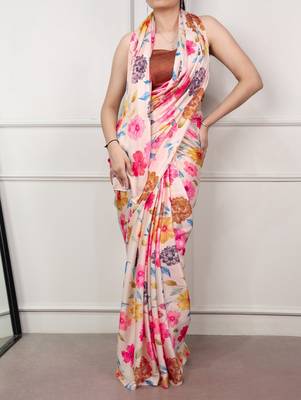 Party wear satin silk floral printed saree with unstitched blouse 2