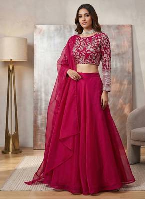 Elegant Rani Pink Embroidered Lehenga Choli with Dupatta for Women 1