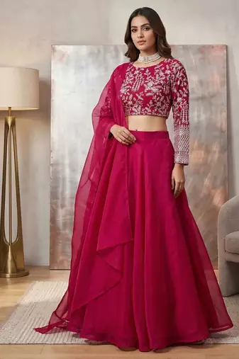 Elegant Rani Pink Embroidered Lehenga Choli with Dupatta for Women