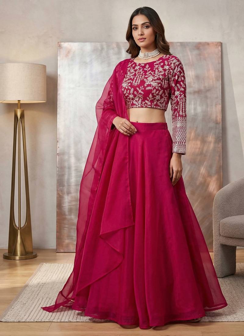 Elegant Rani Pink Embroidered Lehenga Choli with Dupatta for Women