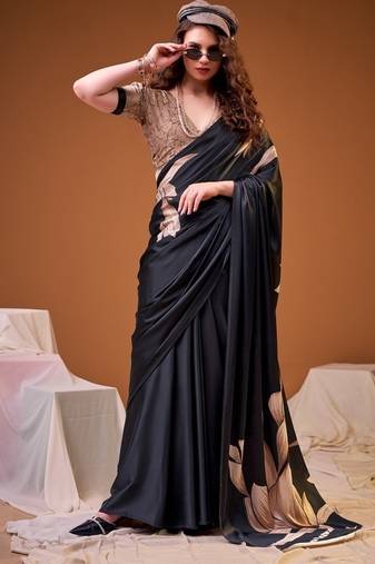 Party wear satin silk floral printed saree with unstitched blouse