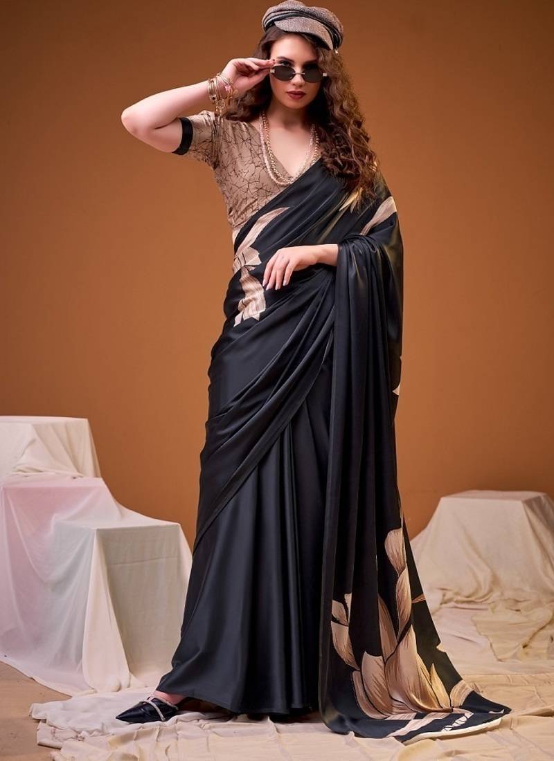 Party wear satin silk floral printed saree with unstitched blouse