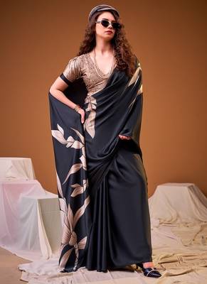 Party wear satin silk floral printed saree with unstitched blouse 2