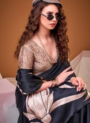 Party wear satin silk floral printed saree with unstitched blouse 3