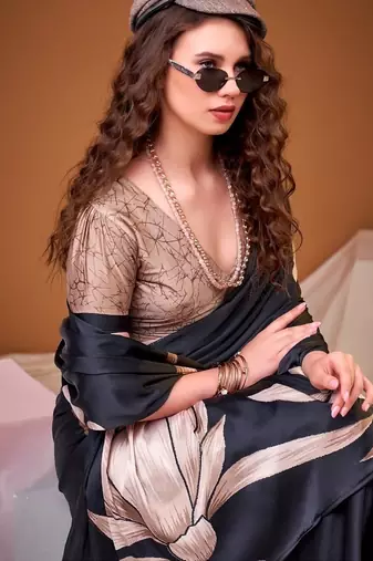 Party wear satin silk floral printed saree with unstitched blouse