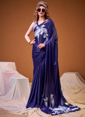 Party wear satin silk floral printed saree with unstitched blouse 1